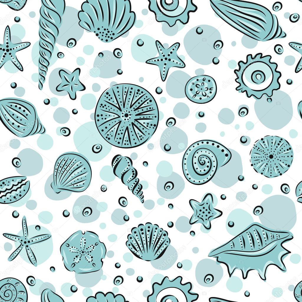 Starfishes and seashells hand drawn vector seamless pattern in white and light blue tones. illustration for babay and kids textille