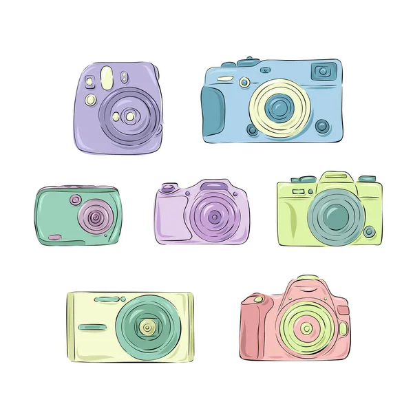 Retro kameranın renkli pastel vektör çizim seti. Sevimli renklerde el yapımı klasik kameralar. Çizim ve karikatür tarzı. El çizimi.