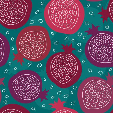 Nar pürüzsüz desen. Renkli arka planda kabartma stili meyve resimleriyle el çizimi. Mutfak tekstili, arkaplan, kağıt tasarımı.