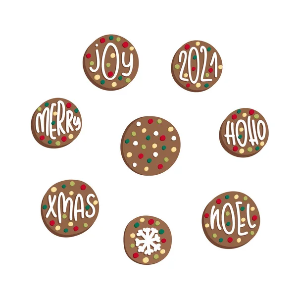 Пряничный Набор Рождественское Печенье Надписью Словами Hoho Xmas Noel Joy — стоковый вектор
