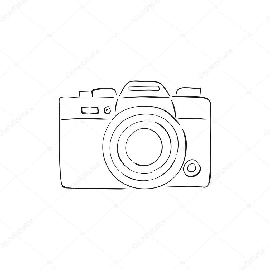 Colorful line vector illustration retro camera. Hand drawn ink vintage cameras with outline. Sketch and cartoon style. Hand drawn