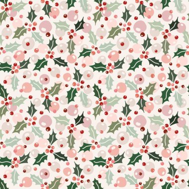 Holly Berry ile kusursuz bir geçmişi var. Noel 'i kutluyoruz. Vektör çizimi. Çiçek yeşili, pembe ve kırmızı geleneksel bitkiler elde çizim tarzında..