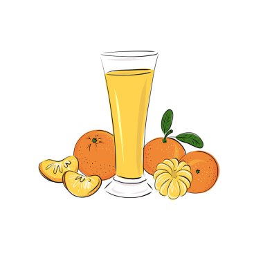 Bir bardak mandalina turunçgil suyu, koca bir elma ve dilimler. Beyaz arka planda meyve püresi. İçecekler. Detoks. Diyet olsun. Sağlıklı yaşam tarzı, yemek. Karalayın. El çizimi vektör çizimi. Çizim