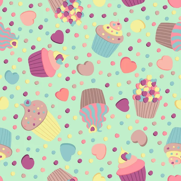 Motif sans couture avec des confettis coeur cupcake rose sur fond bleu. Symbole décoratif. Illustration vectorielle. Papier peint de bande dessinée. Fond cadeau vacances. — Image vectorielle