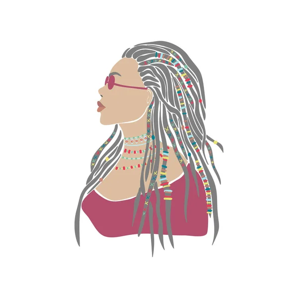 Femme américaine tresse africaine dessinée pour le design. Portrait de jeune femme en lunettes. Peuple oriental. Le style Boho. Le dessin vectoriel. Beau visage modèle. Illustration vectorielle. Impression mode. — Image vectorielle