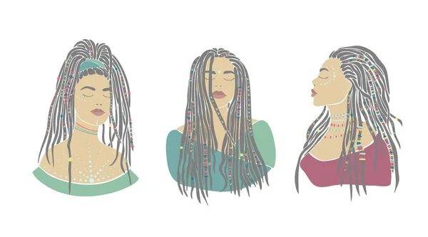 Amerikalı kadın örgüleri, Afrika 'yı tasarım için çizmiş. Genç bayan portresi. Doğulu insanlar. Boho tarzı. Vektör çizimi. Güzel model yüz. Vektör grafik çizimi. Moda baskısı.