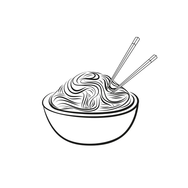 Chinese noodles black ink outline drawn on white background. Hand-drawn vector illustration. Fast food. — Stock Vector