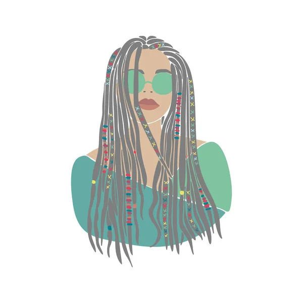 Amerikaanse vrouw vlechten ingesteld Afrikaans getekend voor ontwerp. Jongedame portret. Oosterse mensen. Boho stijl. Vectortekening. Mooi model gezicht. Vector grafische illustratie. Modeprint. — Stockvector