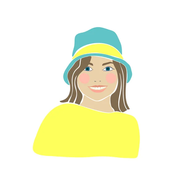 Adolescentes menina chapéu desenhado em estilo moderno. Pessoas com estilo de vida. Linda moda feminina rosto vetor ilustração. Ilustração gira. Personagem engraçado dos desenhos animados. — Vetor de Stock