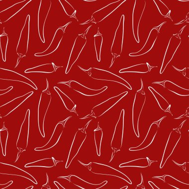 Kırmızı arka planda kağıt sanatıyla çizilmiş beyaz çizgi biberi. Vektör tasarımı. Kusursuz Çizgi Film Rengi Çizimi.