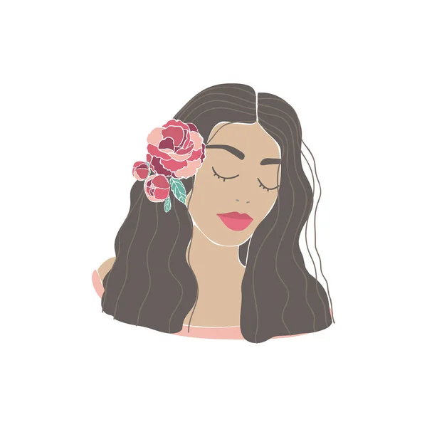 Bela coroa de flores mulher desenhada, grande design para qualquer finalidade. Retrato de uma jovem. Ilustração da natureza. Desenho vetorial desenhado à mão. Vetor floral primavera. Bonito rosto modelo — Vetor de Stock