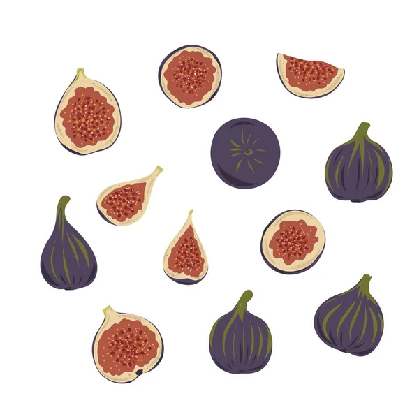 Figues Juteuses Fraîches Mûres Délicieuses Entières Coupées Deux Quart Ensemble — Image vectorielle