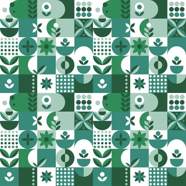 Geometria del motivo microverde in stile astratto su sfondo verde. Modello di progettazione vettoriale. Illustrazione della natura. Sfondo botanico. Stile piatto. Texture floreale creativa. — Vettoriale Stock