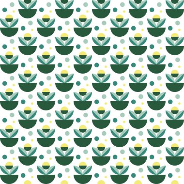 Renkli arka planda eski tarz yeşil geometri saksı deseni. Çiçek çizimi. Kusursuz vektör dokusu tasarımı.