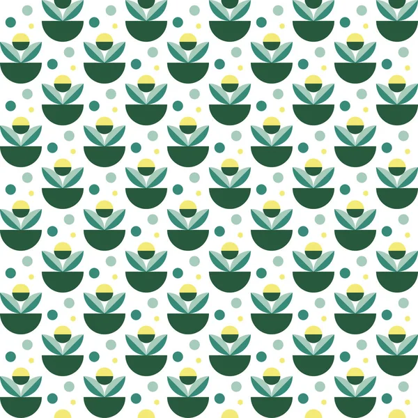 Patrón de macetas de geometría verde en estilo vintage sobre fondo colorido. Ilustración floral. Diseño de textur vectorial sin costuras. — Vector de stock