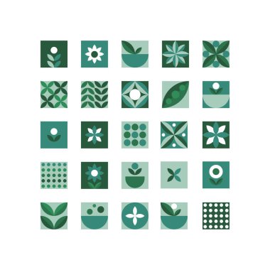 Dekorasyon tasarımı için düz simgeler kare mikro yeşil set. İzole vektör çizimi. Organik doğal şekil. Soyut simge grafiği.