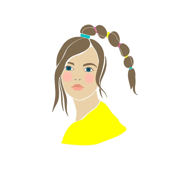 Adolescentes menina desenhada em estilo hipster. Fundo branco. Branco isolado. Impressão de moda. Gráfico infantil. Personagem de esboço. Bela ilustração do vetor facial feminino. — Vetor de Stock