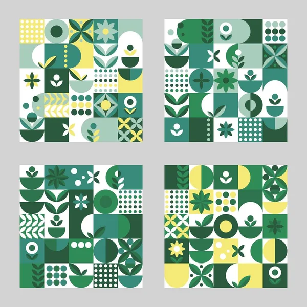 Mikroyeşil desen, yeşil arka planda soyut tarzda geometriyi ayarladı. Vektör tasarım şablonu. Doğa çizimi. Botanik geçmişi. Düz stil. Yaratıcı çiçek dokusu.