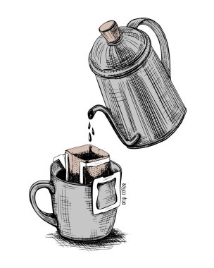 Beyaz arka planda siyah damlayan kahve fincanı. El çizimi vektör vintage illüstrasyon. İzole edilmiş bir ikon. Sanat grafiği.