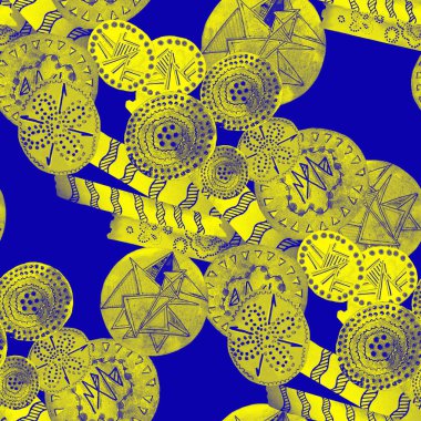 Soyut yuvarlak elementlerle, kusursuz, yaratıcı suluboya desen. Çağdaş sanat. Herhangi bir tasarım için renkli doku. 