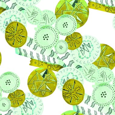 Soyut yuvarlak elementlerle, kusursuz, yaratıcı suluboya desen. Çağdaş sanat. Herhangi bir tasarım için renkli doku. 