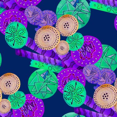 Soyut yuvarlak elementlerle, kusursuz, yaratıcı suluboya desen. Çağdaş sanat. Herhangi bir tasarım için renkli doku. 