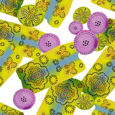 Soyut yuvarlak elementlerle, kusursuz, yaratıcı suluboya desen. Çağdaş sanat. Herhangi bir tasarım için renkli doku. 