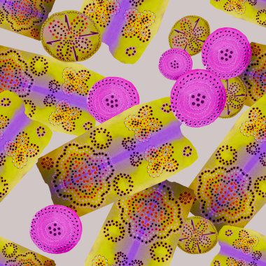 Soyut yuvarlak elementlerle, kusursuz, yaratıcı suluboya desen. Çağdaş sanat. Herhangi bir tasarım için renkli doku. 