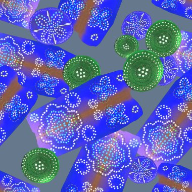 Soyut yuvarlak elementlerle, kusursuz, yaratıcı suluboya desen. Çağdaş sanat. Herhangi bir tasarım için renkli doku. 