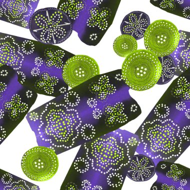 Soyut yuvarlak elementlerle, kusursuz, yaratıcı suluboya desen. Çağdaş sanat. Herhangi bir tasarım için renkli doku. 