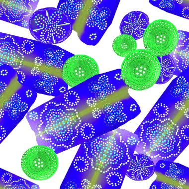 Soyut yuvarlak elementlerle, kusursuz, yaratıcı suluboya desen. Çağdaş sanat. Herhangi bir tasarım için renkli doku. 