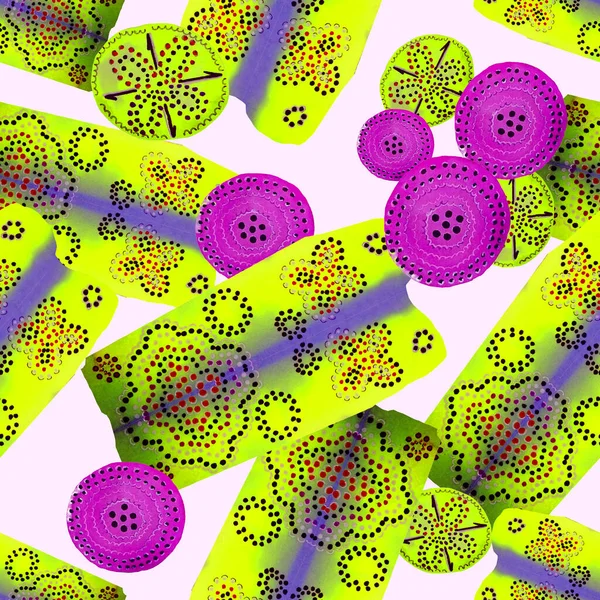 Soyut yuvarlak elementlerle, kusursuz, yaratıcı suluboya desen. Çağdaş sanat. Herhangi bir tasarım için renkli doku. 