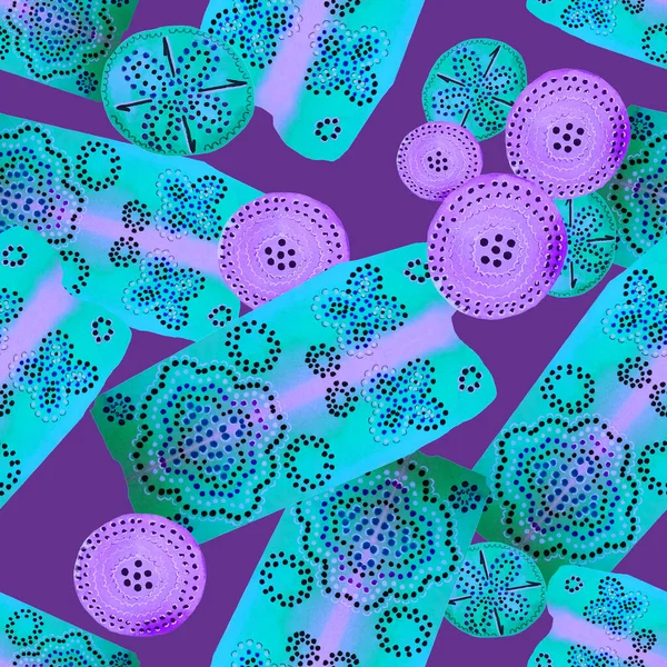 Soyut yuvarlak elementlerle, kusursuz, yaratıcı suluboya desen. Çağdaş sanat. Herhangi bir tasarım için renkli doku. 