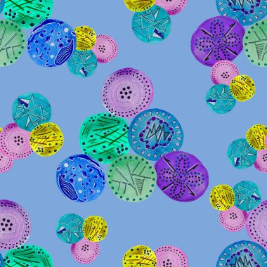 Soyut yuvarlak elementlerle, kusursuz, yaratıcı suluboya desen. Çağdaş sanat. Herhangi bir tasarım için renkli doku. 