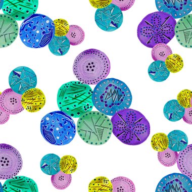 Soyut yuvarlak elementlerle, kusursuz, yaratıcı suluboya desen. Çağdaş sanat. Herhangi bir tasarım için renkli doku. 