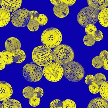 Soyut yuvarlak elementlerle, kusursuz, yaratıcı suluboya desen. Çağdaş sanat. Herhangi bir tasarım için renkli doku. 