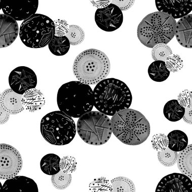 Soyut yuvarlak elementlerle, kusursuz, yaratıcı suluboya desen. Çağdaş sanat. Herhangi bir tasarım için tek renkli doku. 