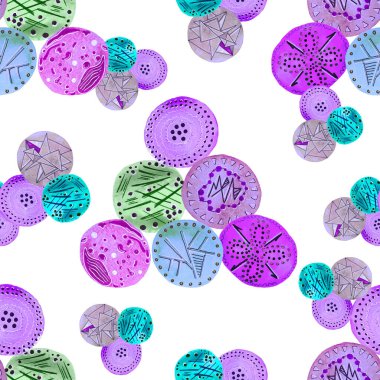 Soyut yuvarlak elementlerle, kusursuz, yaratıcı suluboya desen. Çağdaş sanat. Herhangi bir tasarım için renkli doku. 