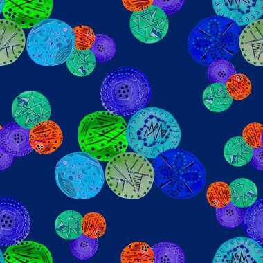 Soyut yuvarlak elementlerle, kusursuz, yaratıcı suluboya desen. Çağdaş sanat. Herhangi bir tasarım için renkli doku. 