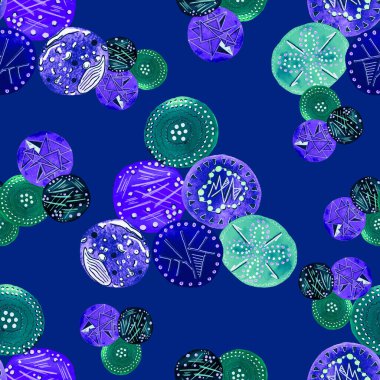 Soyut yuvarlak elementlerle, kusursuz, yaratıcı suluboya desen. Çağdaş sanat. Herhangi bir tasarım için renkli doku. 