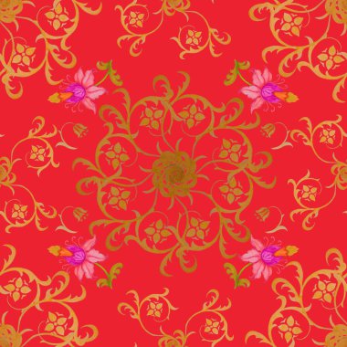 Soyut yuvarlak elementler ve çiçeklerle kusursuz, yaratıcı suluboya deseni. Çağdaş sanat. Herhangi bir tasarım için renkli doku. 