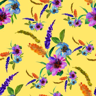 Suluboya desenli, elle çizilmiş çiçekler. Herhangi bir amaç için parlak bahar ya da yaz baskısı. Dekoratif çiçek deseni. Renkli doğa arkaplanı.