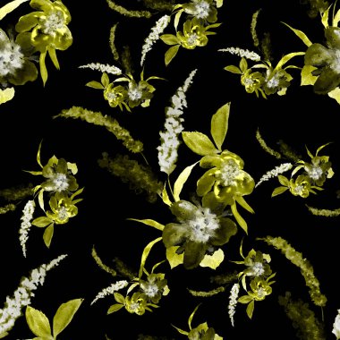 Elle siyaha çiçek çizilmiş dikişsiz suluboya deseni. Herhangi bir amaç için parlak bahar ya da yaz baskısı. Dekoratif çiçek deseni. Renkli doğa arkaplanı.