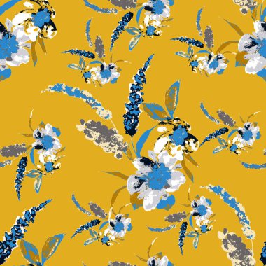 Suluboya desenli, elle çizilmiş çiçekler. Herhangi bir amaç için parlak bahar ya da yaz baskısı. Dekoratif çiçek deseni. Altın doğa arka planı.