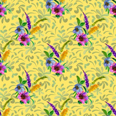 Suluboya desenli, elle çizilmiş çiçekler. Herhangi bir amaç için parlak bahar ya da yaz baskısı. Dekoratif çiçek deseni. Renkli doğa arkaplanı.