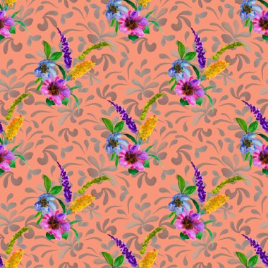 Suluboya desenli, elle çizilmiş çiçekler. Herhangi bir amaç için parlak bahar ya da yaz baskısı. Dekoratif çiçek deseni. Renkli doğa arkaplanı.