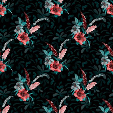 Elle siyaha çiçek çizilmiş dikişsiz suluboya deseni. Herhangi bir amaç için parlak bahar ya da yaz baskısı. Dekoratif çiçek deseni. Renkli doğa arkaplanı.