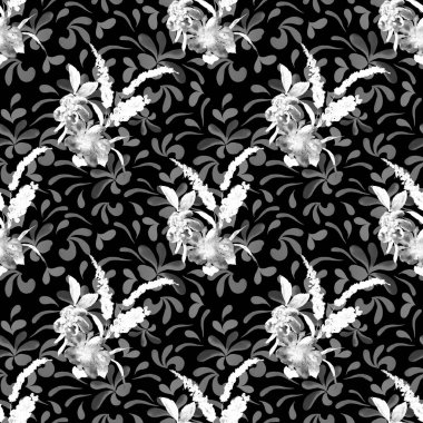 Suluboya desenli, elle çizilmiş çiçekler. Herhangi bir amaç için parlak bahar ya da yaz baskısı. Dekoratif çiçek deseni. Siyah Beyaz doğa geçmişi.