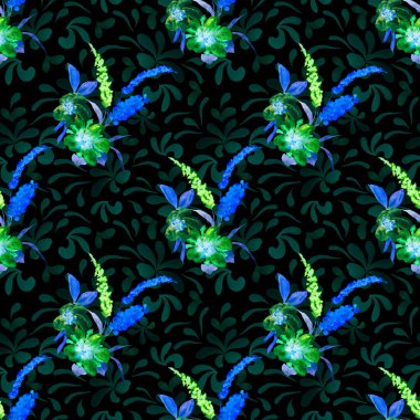 Elle siyaha çiçek çizilmiş dikişsiz suluboya deseni. Herhangi bir amaç için parlak bahar ya da yaz baskısı. Dekoratif çiçek deseni. Renkli doğa arkaplanı.