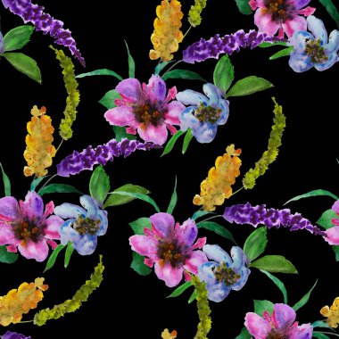 Elle siyaha çiçek çizilmiş dikişsiz suluboya deseni. Herhangi bir amaç için parlak bahar ya da yaz baskısı. Dekoratif çiçek deseni. Renkli doğa arkaplanı.